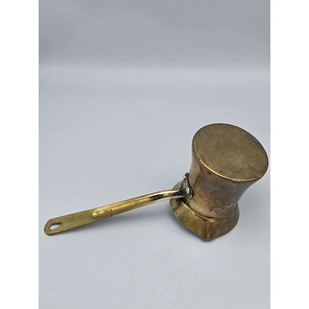 Vintage Brass Turkish Coffee Pot Ibrik Tin-Lined Brass Handle Deep Patina Rustic